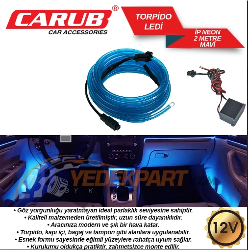 CARUB ARAÇ İÇİ TORPİDO LEDLİ 12V İP NEON MAVİ 2 MT